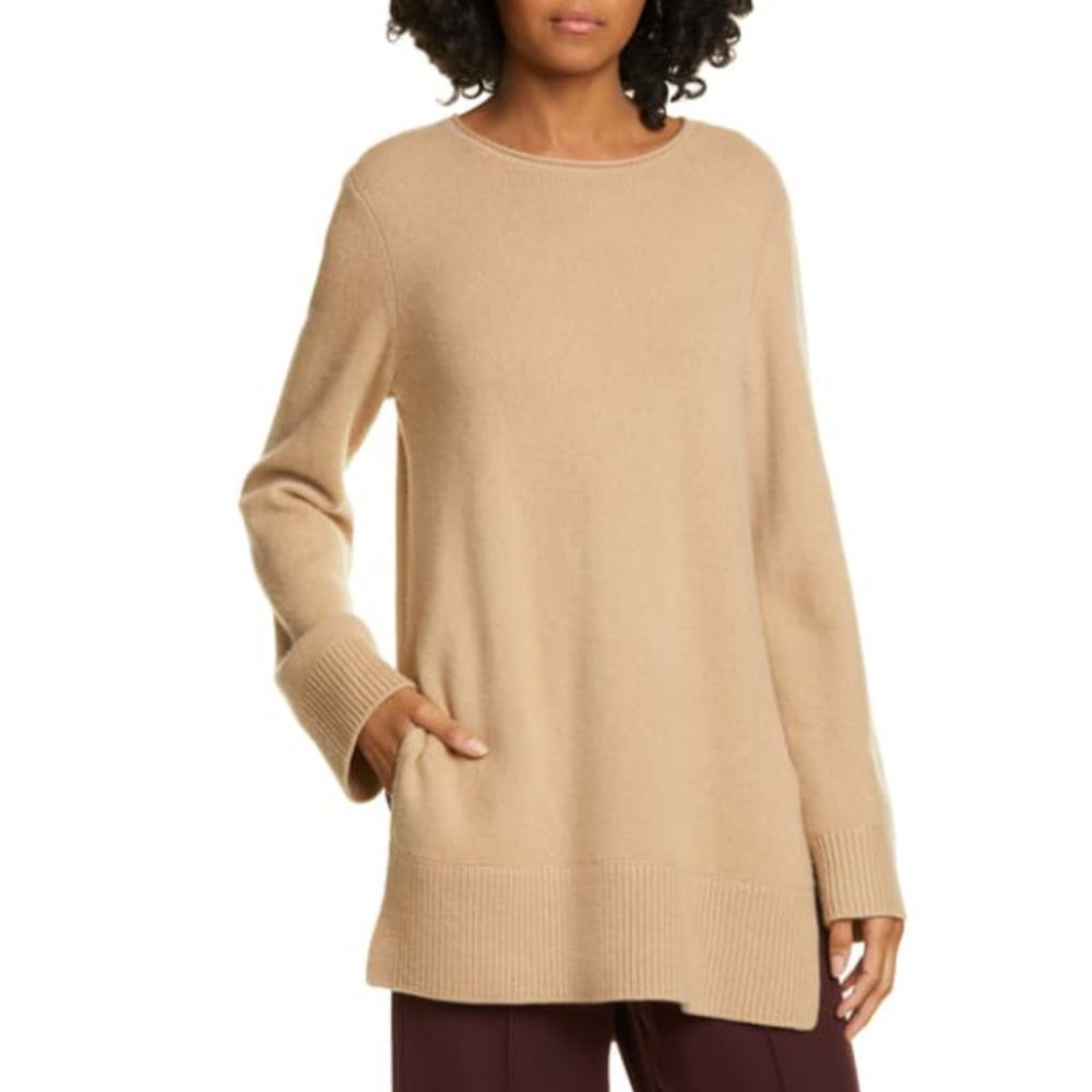 Vince Cashmere Side Slit Tunic Sweater Womens Medium Tan Brown Camel Long Sleeve